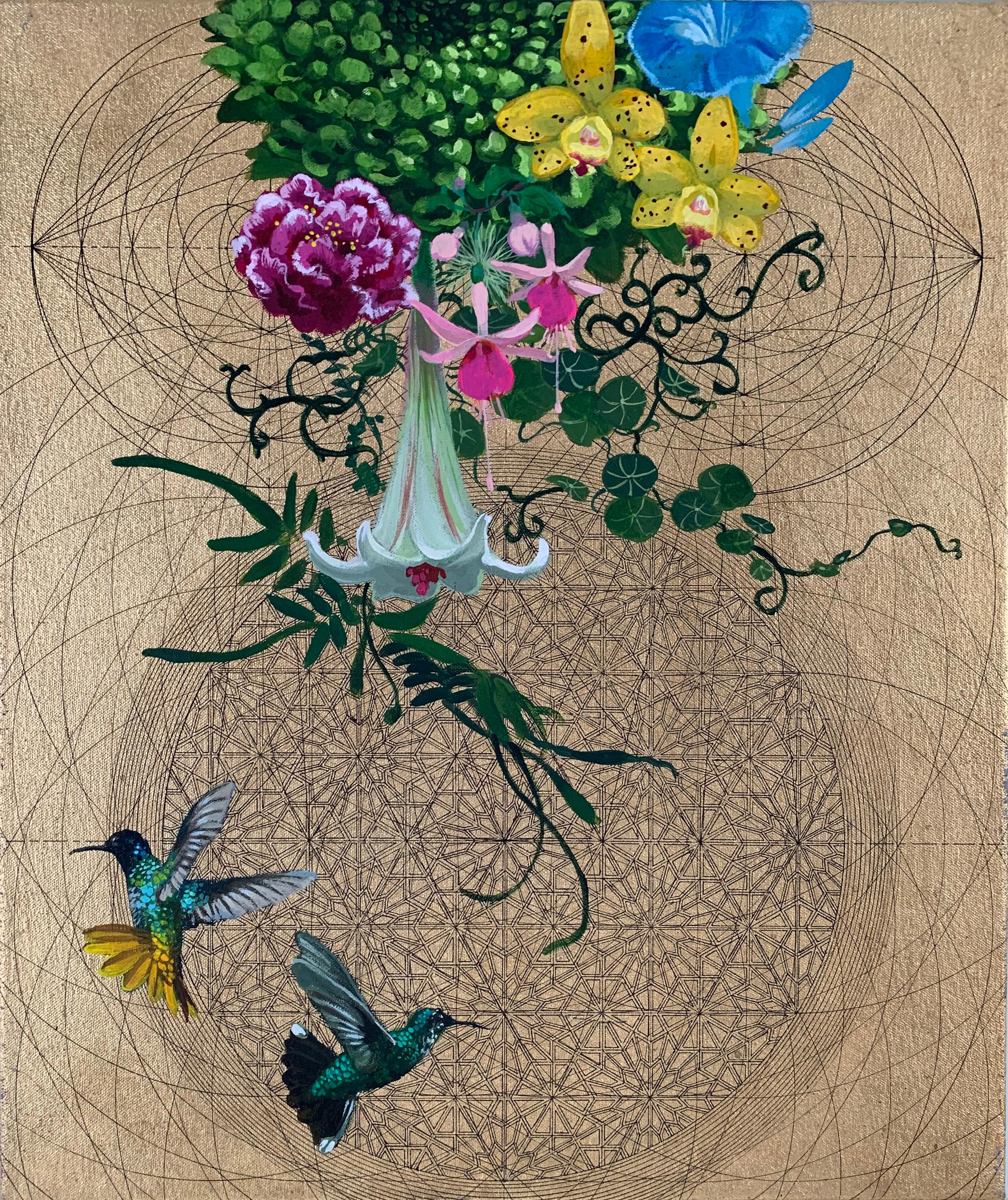 Emas 19 - contemporary collaborative decorative floral ornamental painting - Painting by Keng Wai Lee & Marco Araldi