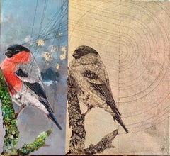 La géométrie d'un bouleau - peinture décorative contemporaine d'oiseau en techniques mixtes