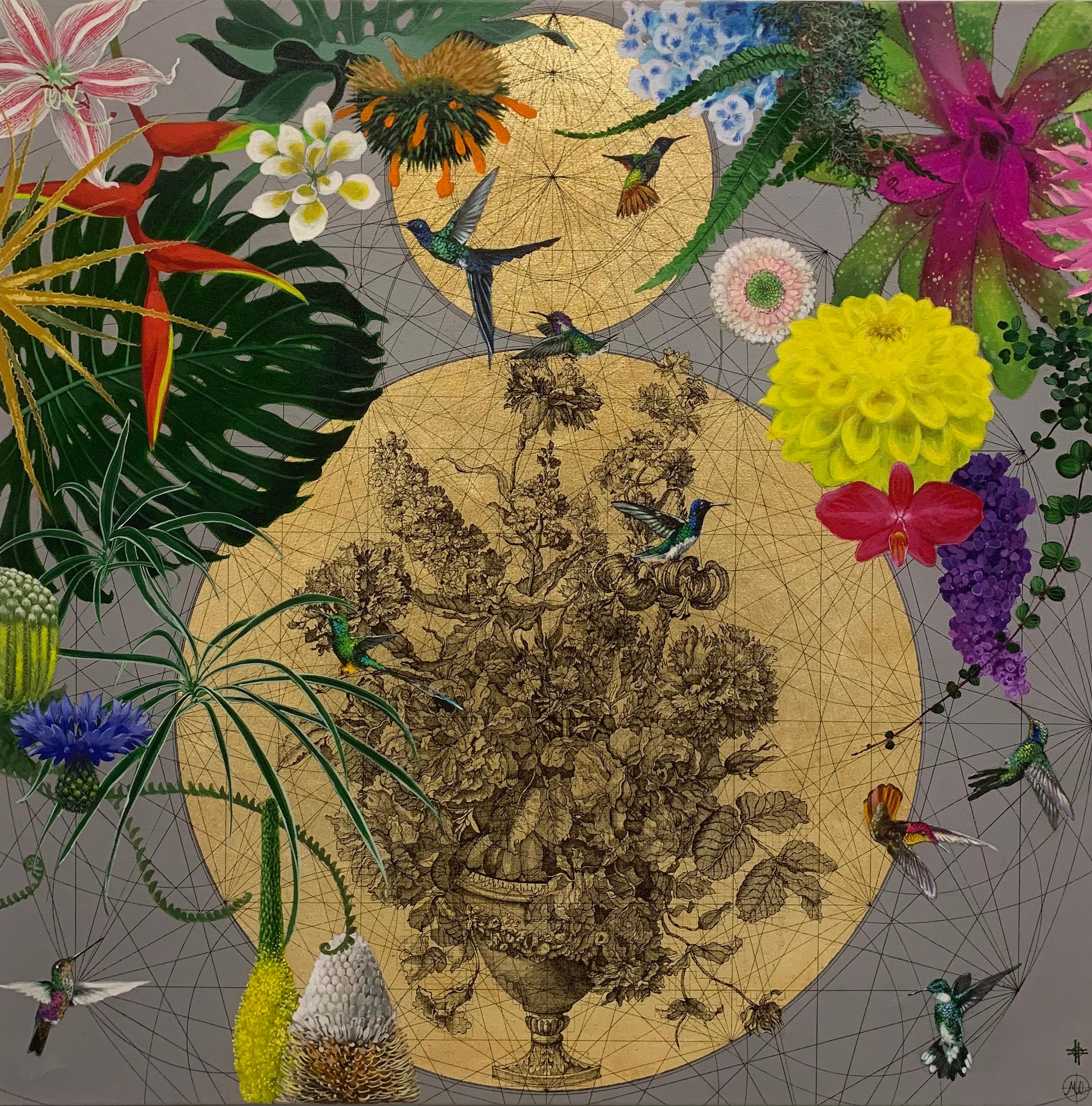 Heliugabalus - Fleurs décoratives, oiseaux, peinture d'animaux en or, cercles contemporains - Painting de Keng Wai Lee & Marco Araldi