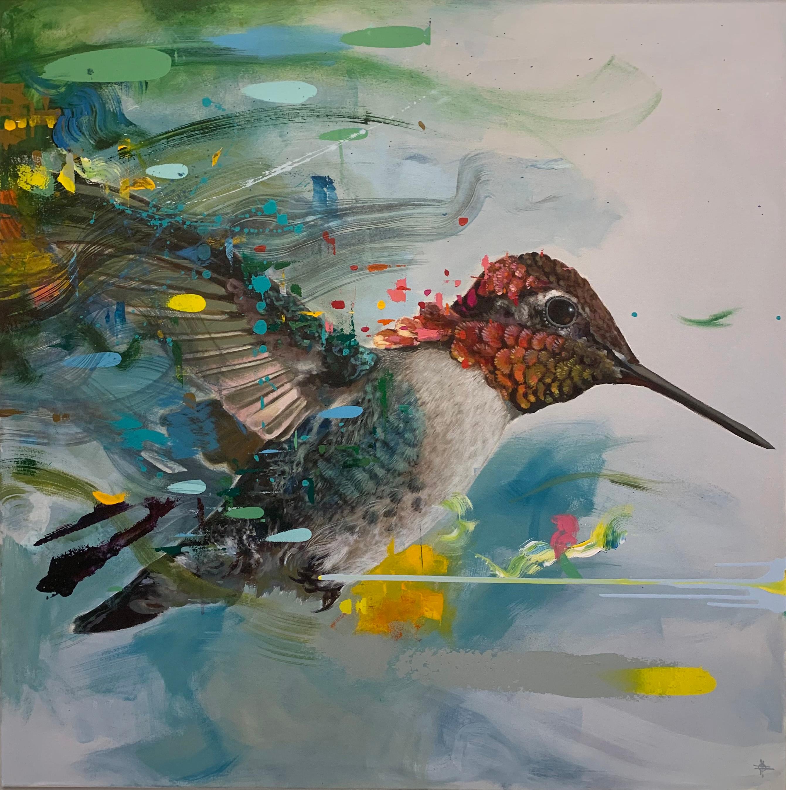 House of Iman - contemporary abstract colorful flying hummingbird painting - Painting by Keng Wai Lee & Marco Araldi