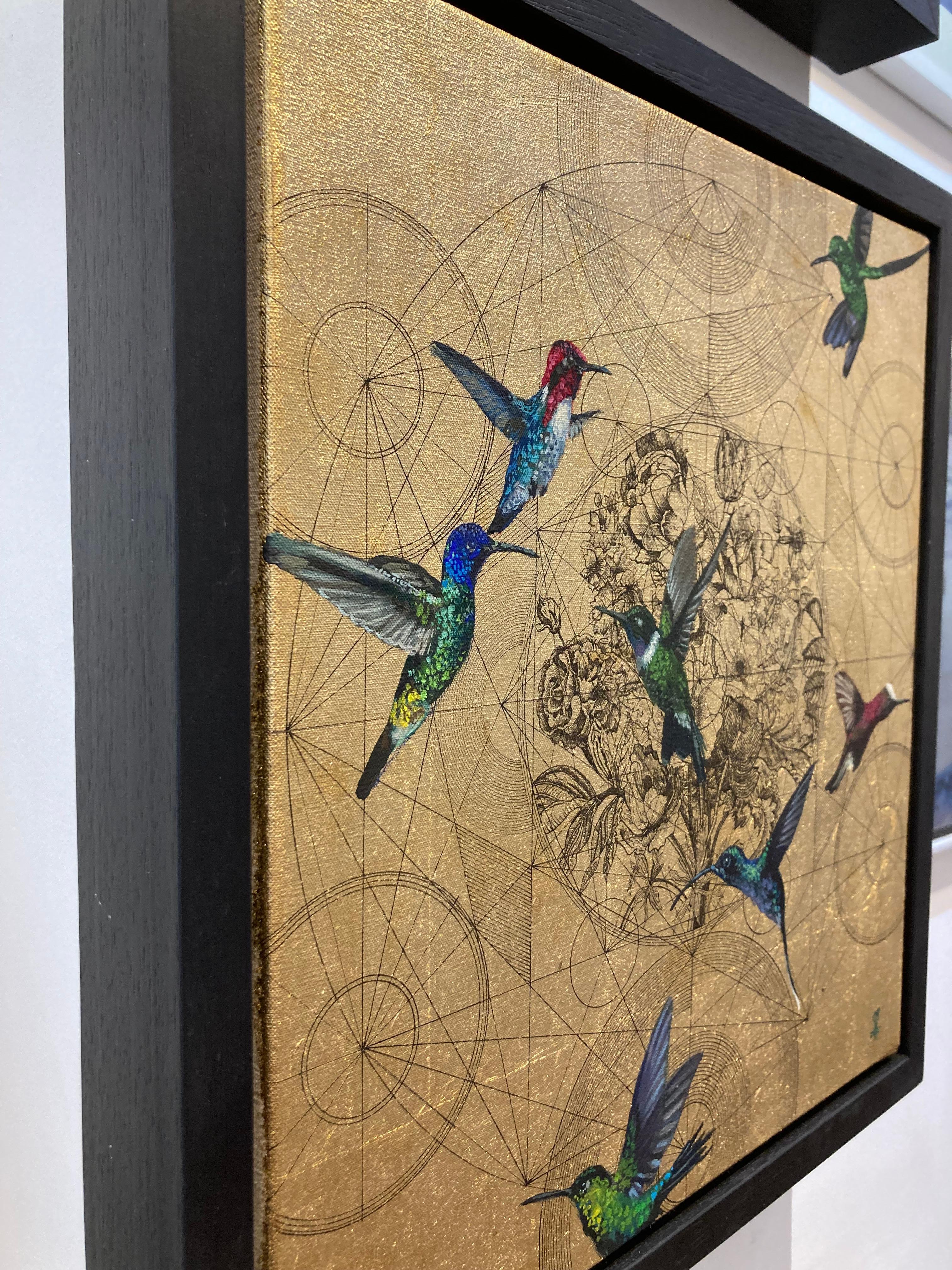 Oro 35 - collaborative work, decorative mixed media with gold, birds and flowers - Contemporary Mixed Media Art by Keng Wai Lee & Marco Araldi