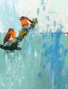 Aiko  -vibrant illustrative blue and orange birds painting acrylic on canvas