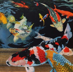 Altius - contemporary colorful koi fish pond gold stripes mixed media painting