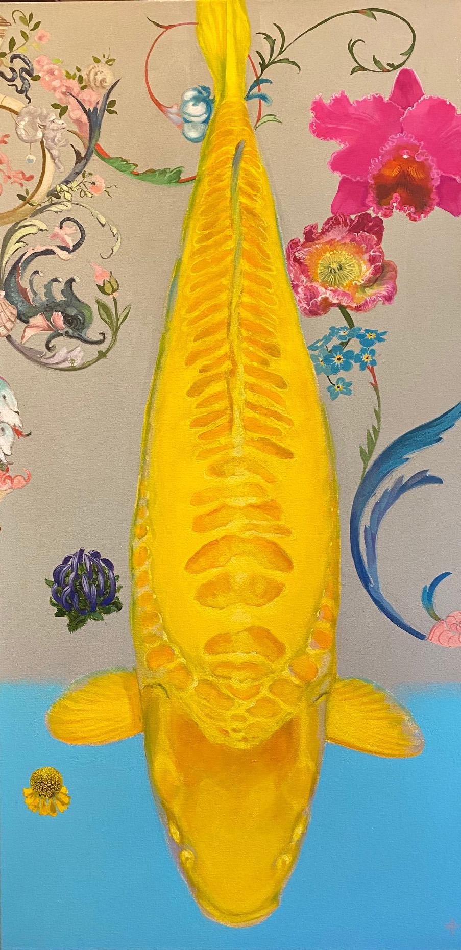 Antoinette - contemporary colourful yellow koi fish acrylic painting - Painting by Keng Wai Lee