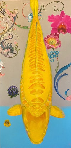 Antoinette - contemporary colourful yellow koi fish acrylic painting