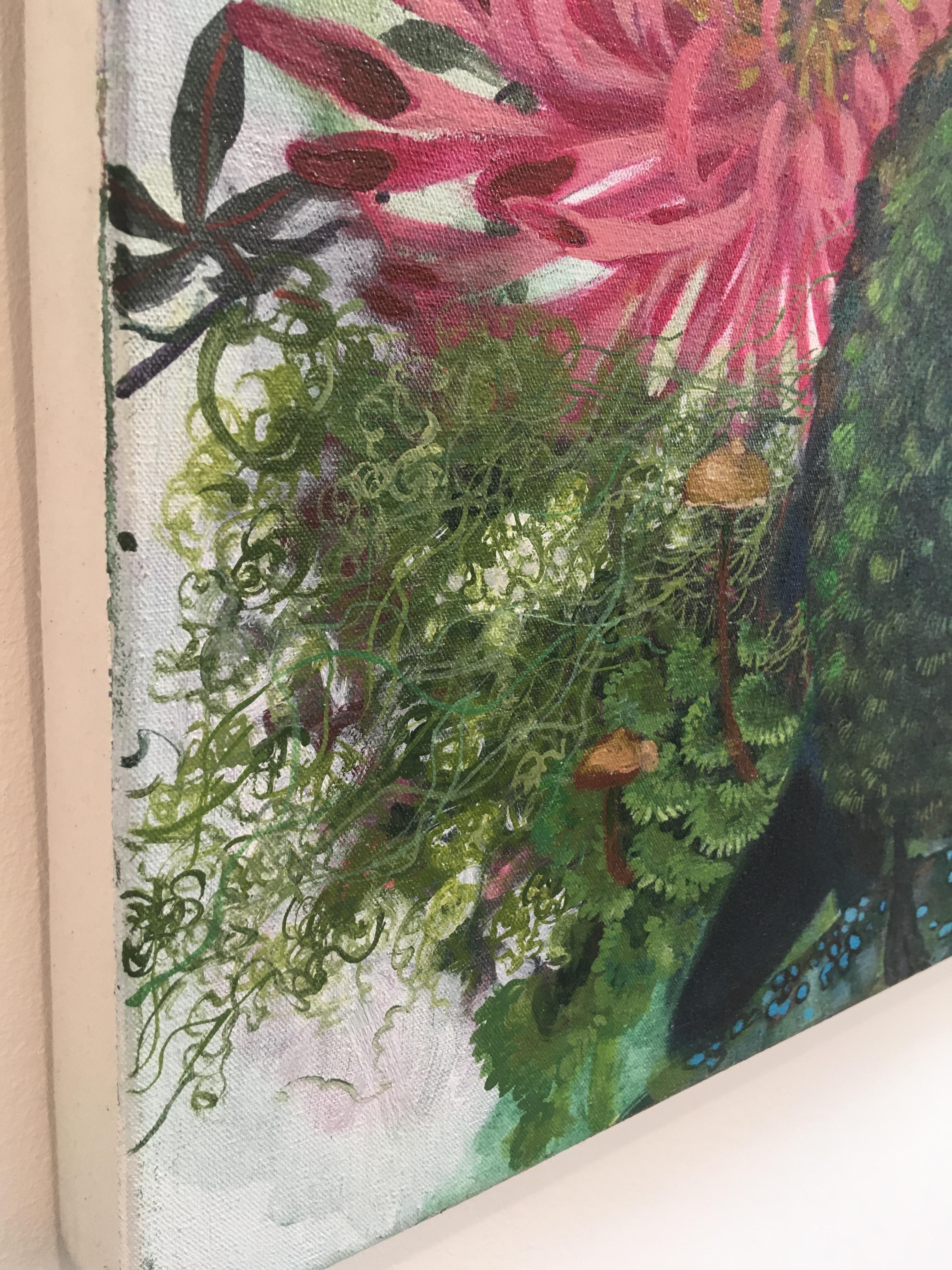 Apolo - pintura acrílica contemporánea colorida naturaleza pájaro flores setas - Figurative Painting Gris de Keng Wai Lee