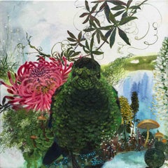 Apollon - peinture acrylique contemporaine colorée de nature, fleurs d'oiseaux et champignons