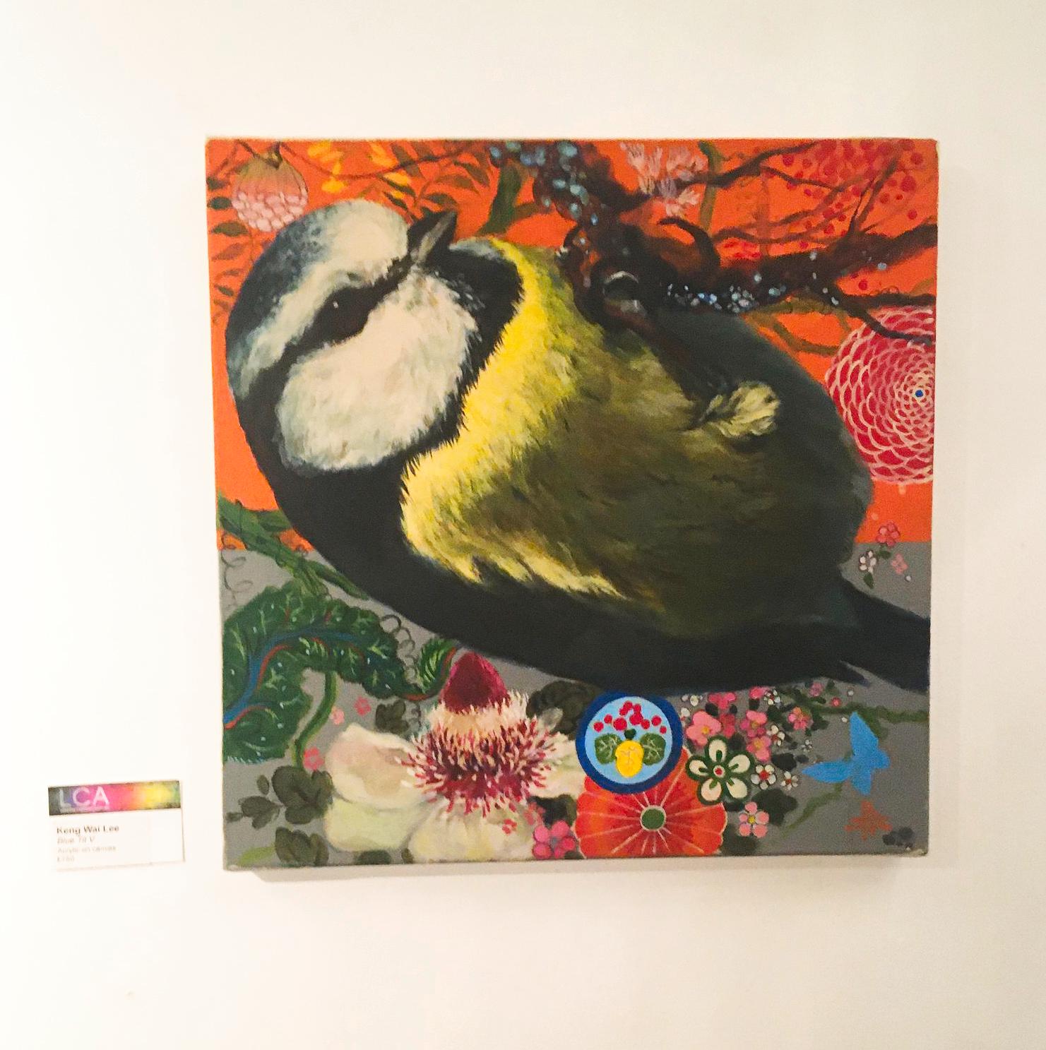 Blue Tit 5 -contemporary colourful bird flowers orange decorative acrylic canvas - Painting by Keng Wai Lee