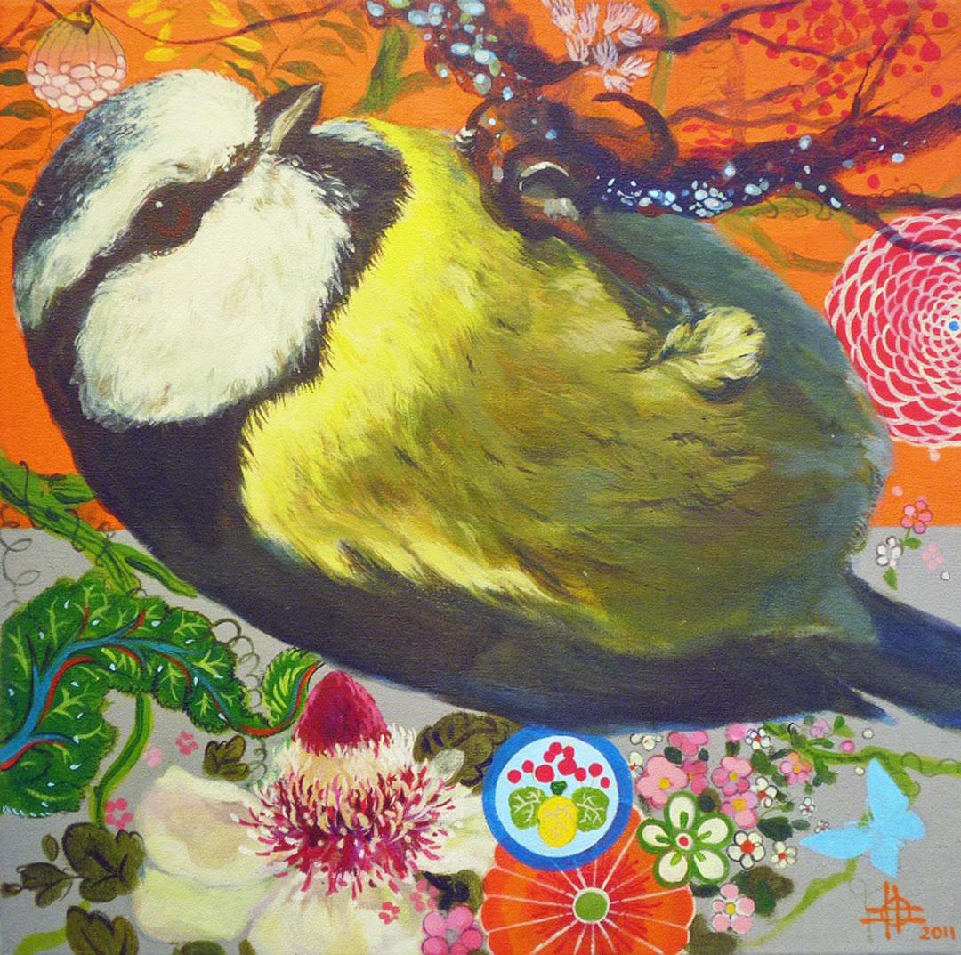 Keng Wai Lee Animal Painting - Blue Tit 5 -contemporary colourful bird flowers orange decorative acrylic canvas