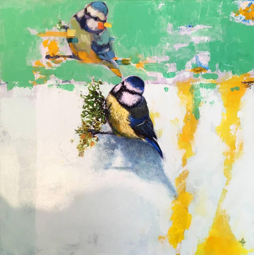 Bluetit 1 - contemporary vibrant white green bird painting acrylic canvas - Painting by Keng Wai Lee