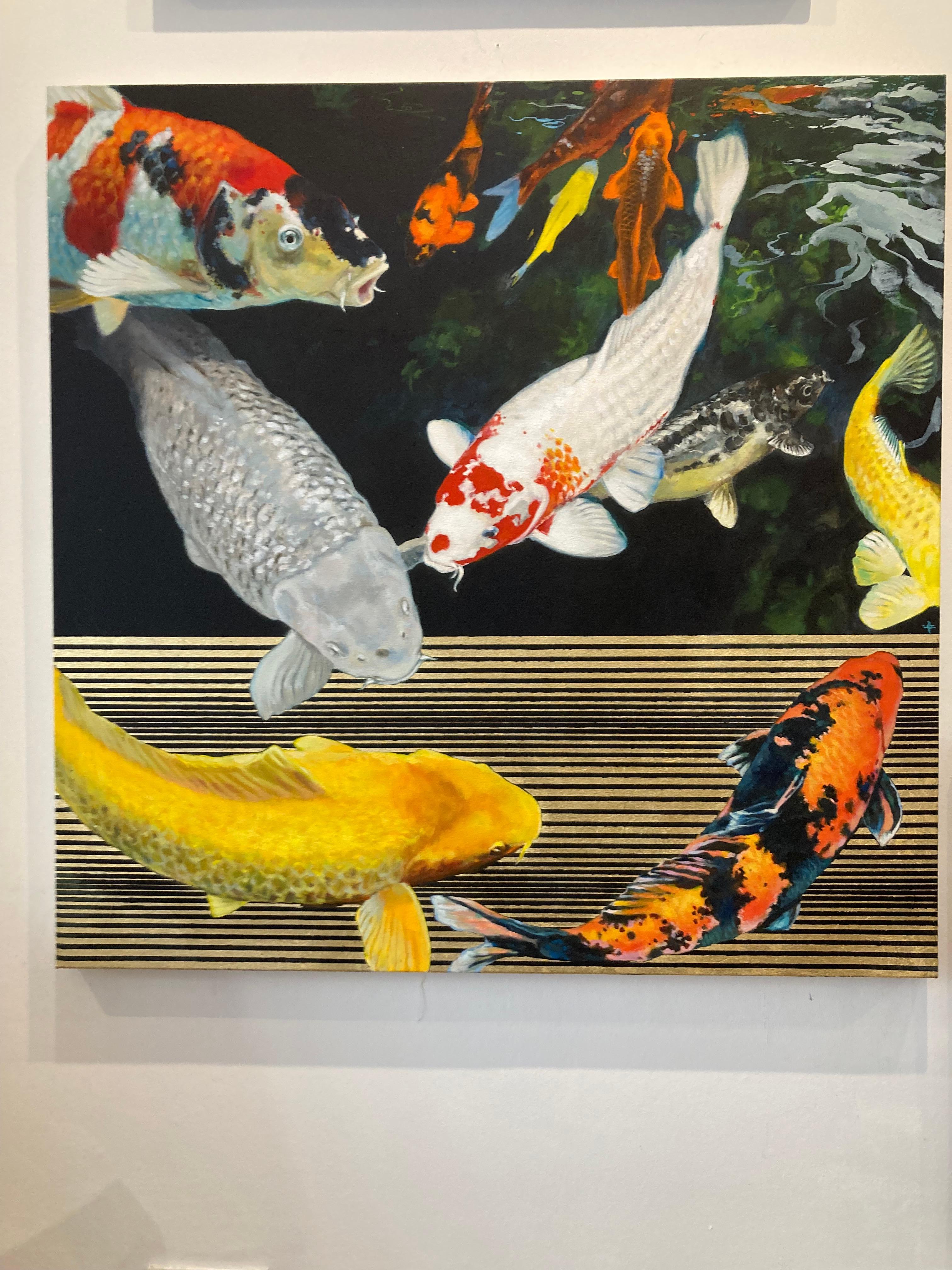 Citius -contemporary decorative koi fish pond golden strips mixed media painting - Painting by Keng Wai Lee