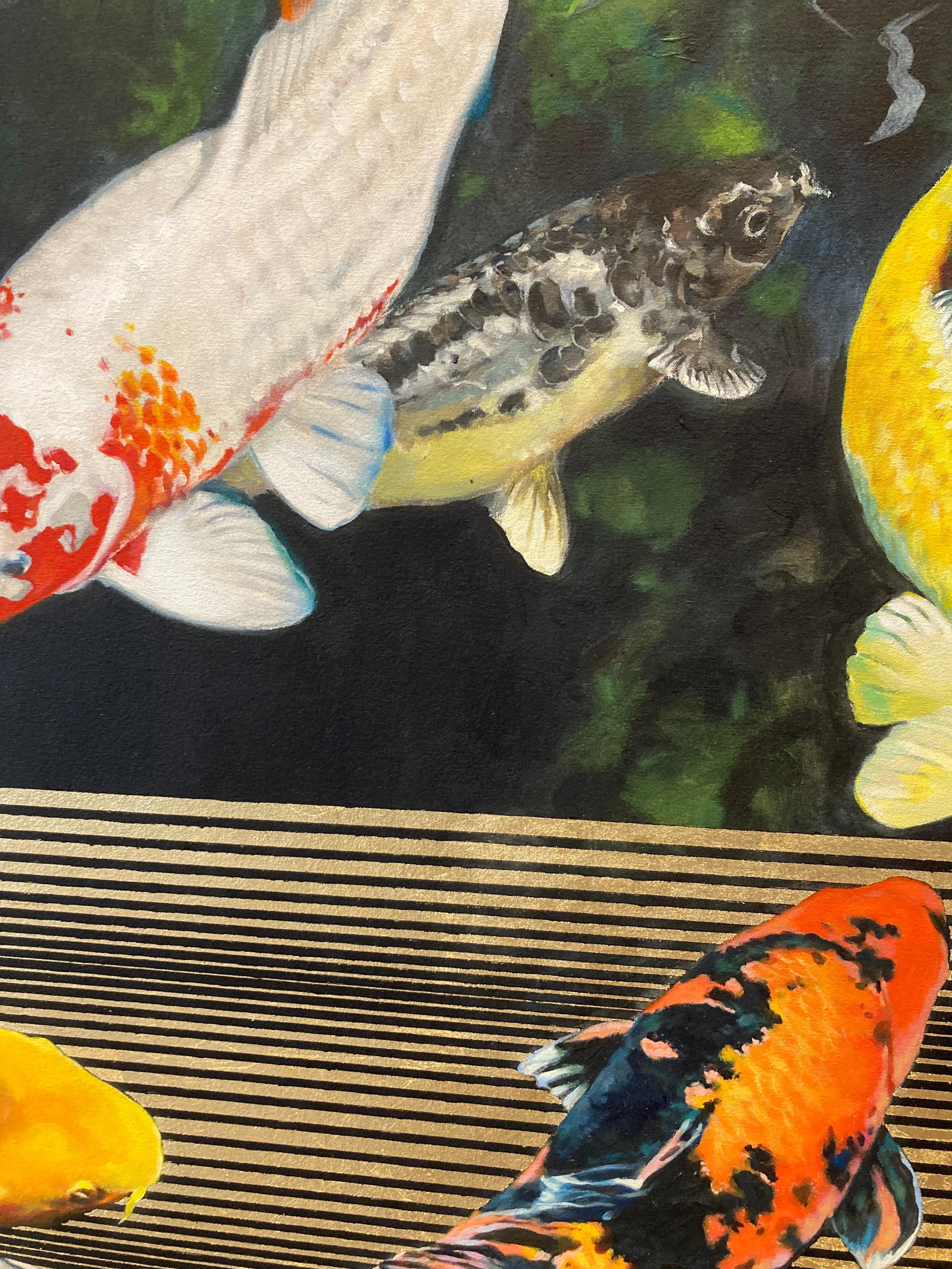 Citius -contemporary decorative koi fish pond golden strips mixed media painting - Contemporary Painting by Keng Wai Lee