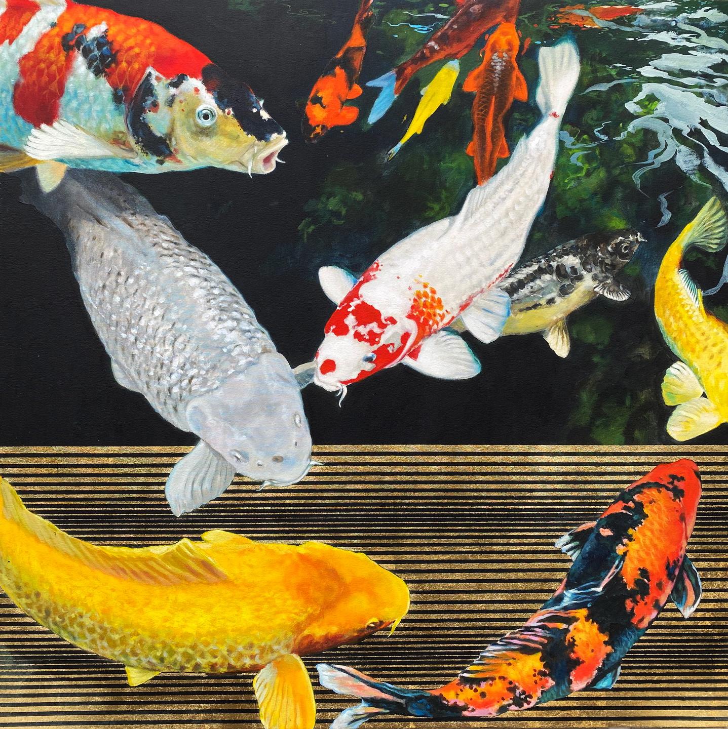 Keng Wai Lee Animal Painting - Citius -contemporary decorative koi fish pond golden strips mixed media painting