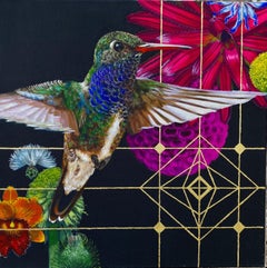 Clara - contemporary hummingbird flowers gold mixed media acrylic painting