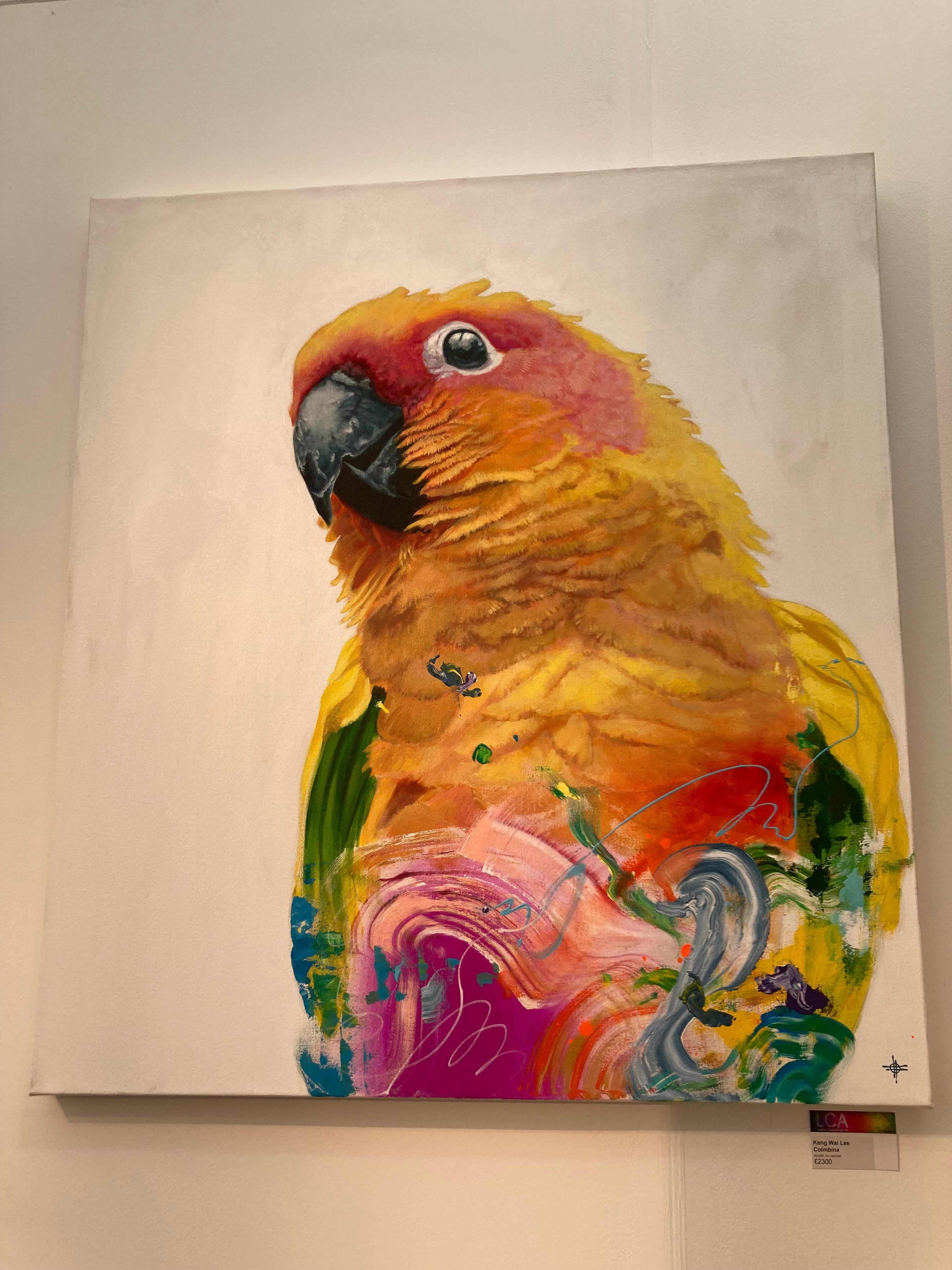 Colombina - pintura acrílica contemporánea colorido tropical naranja pájaro loro - Painting Contemporáneo de Keng Wai Lee