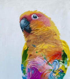 Colombina - pintura acrílica contemporánea colorido tropical naranja pájaro loro