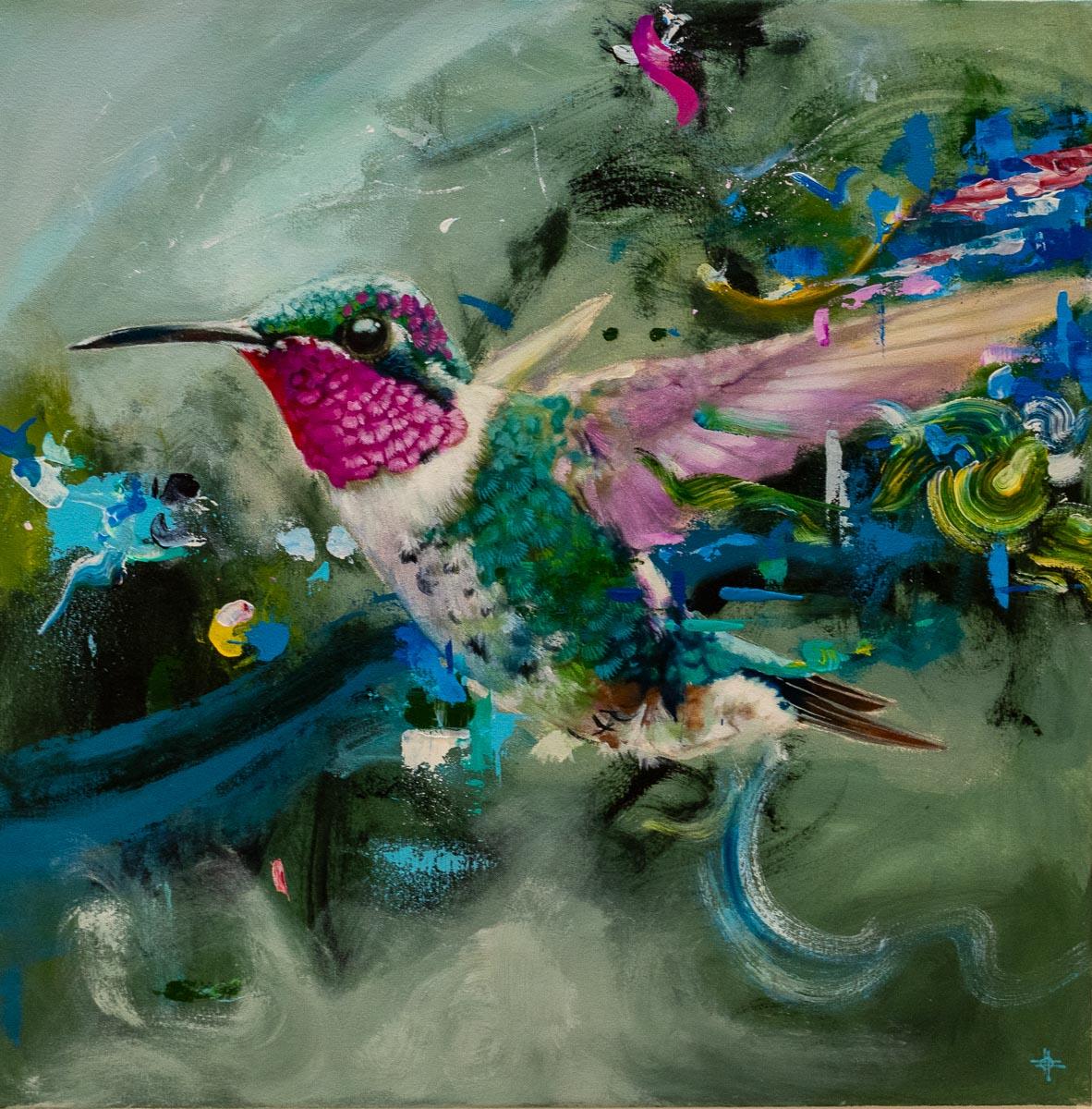 Keng Wai Lee Animal Painting – Dahlia Sin – Acrylgemälde, floral, farbenfroh, tropisch, auf Leinwand
