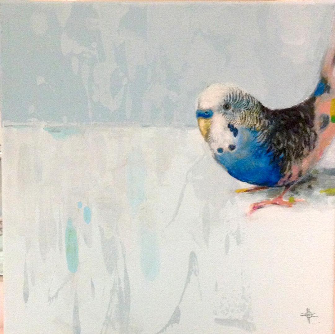 Keng Wai Lee Animal Painting - Elatum - contemporary acrylic bird painting light blue