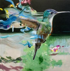 Gilda – zeitgenössisches abstraktes, farbenfrohes Acrylgemälde mit Hummervogelmotiven