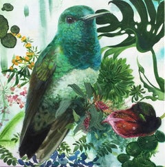 Helios -vibrant green illustrative bird painting acrylic on canvas