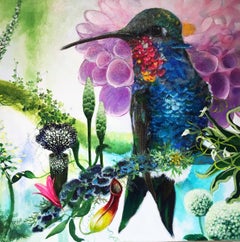 Hermes - contemporary vibrant colorful nature bird flora acrylic painting