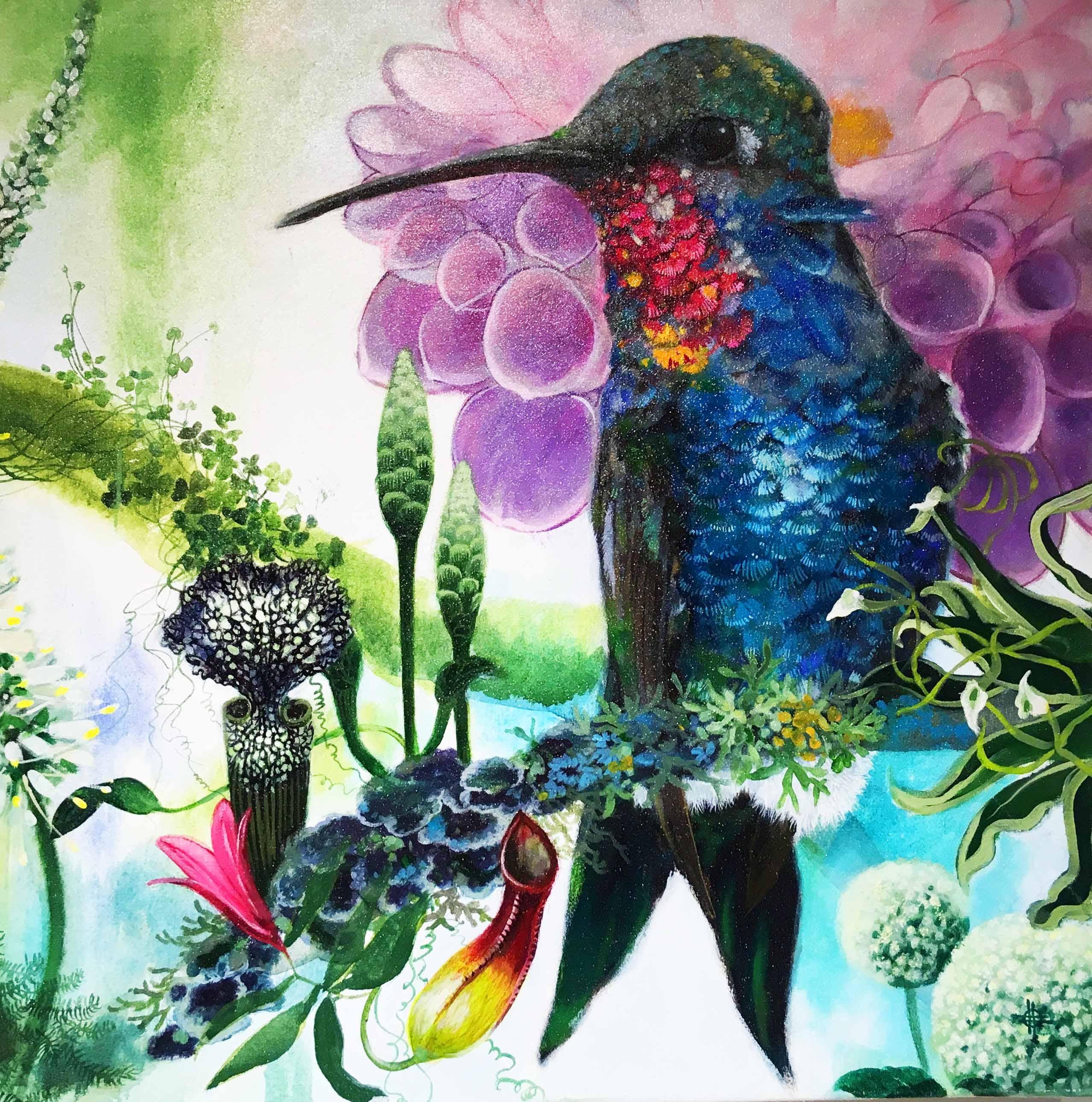 Hermes - vibrant illustrative bird and flora painting acrylic on canvas