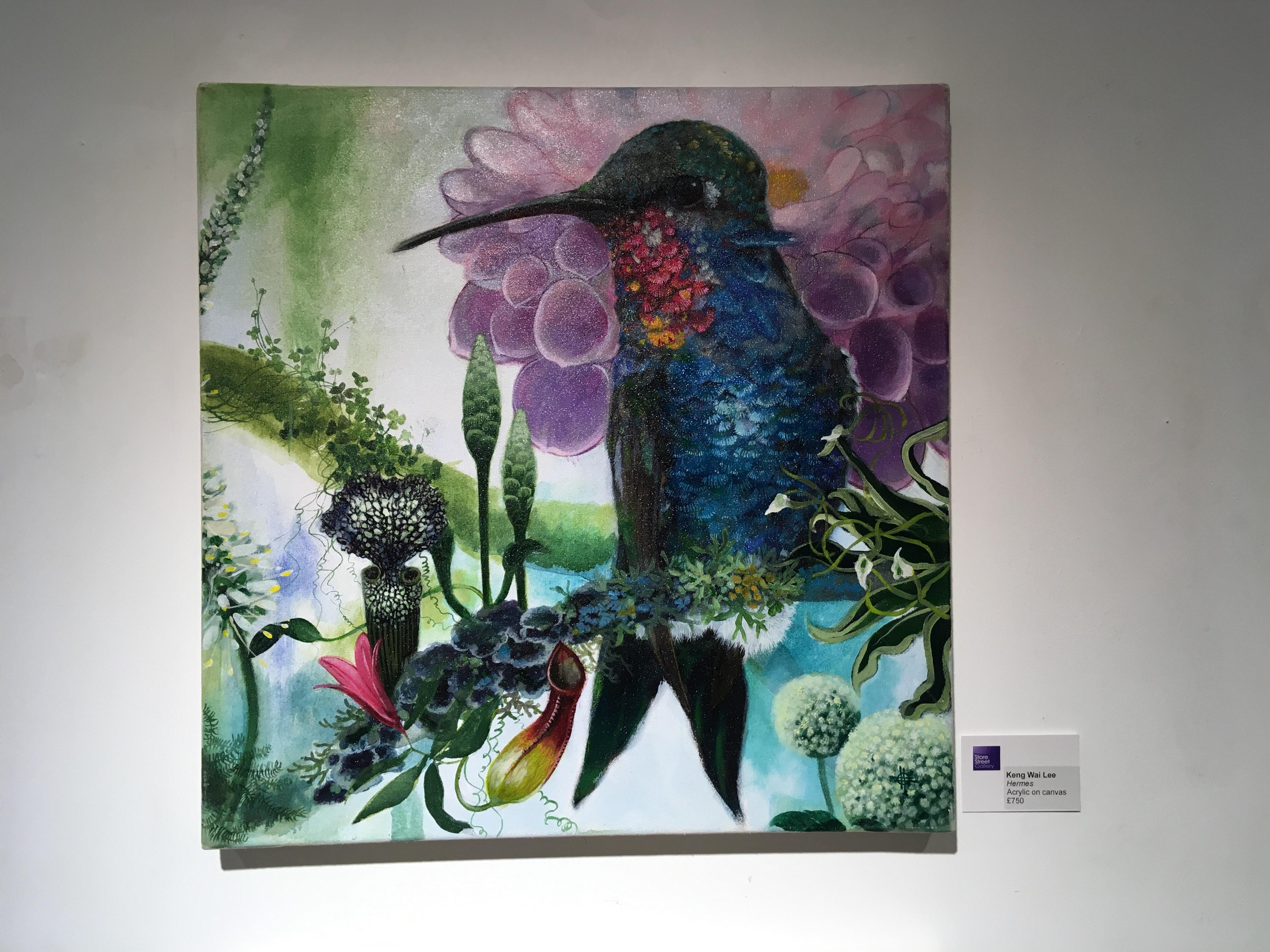 Hermes - contemporary vibrant colorful nature bird flora acrylic painting - Painting by Keng Wai Lee