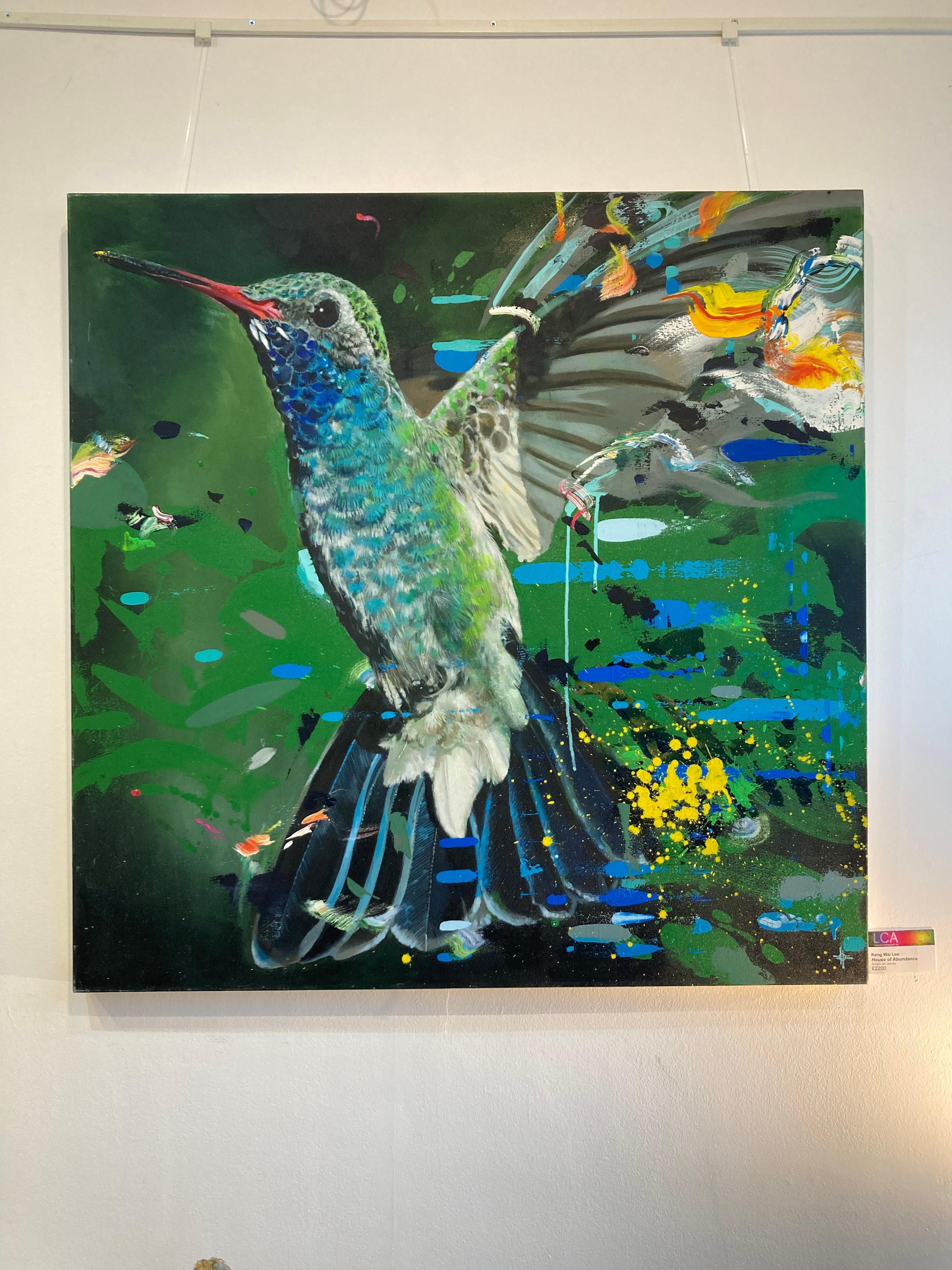 House of Abundance - contemporary multicoloured flying bird expressive acrylic - Painting by Keng Wai Lee