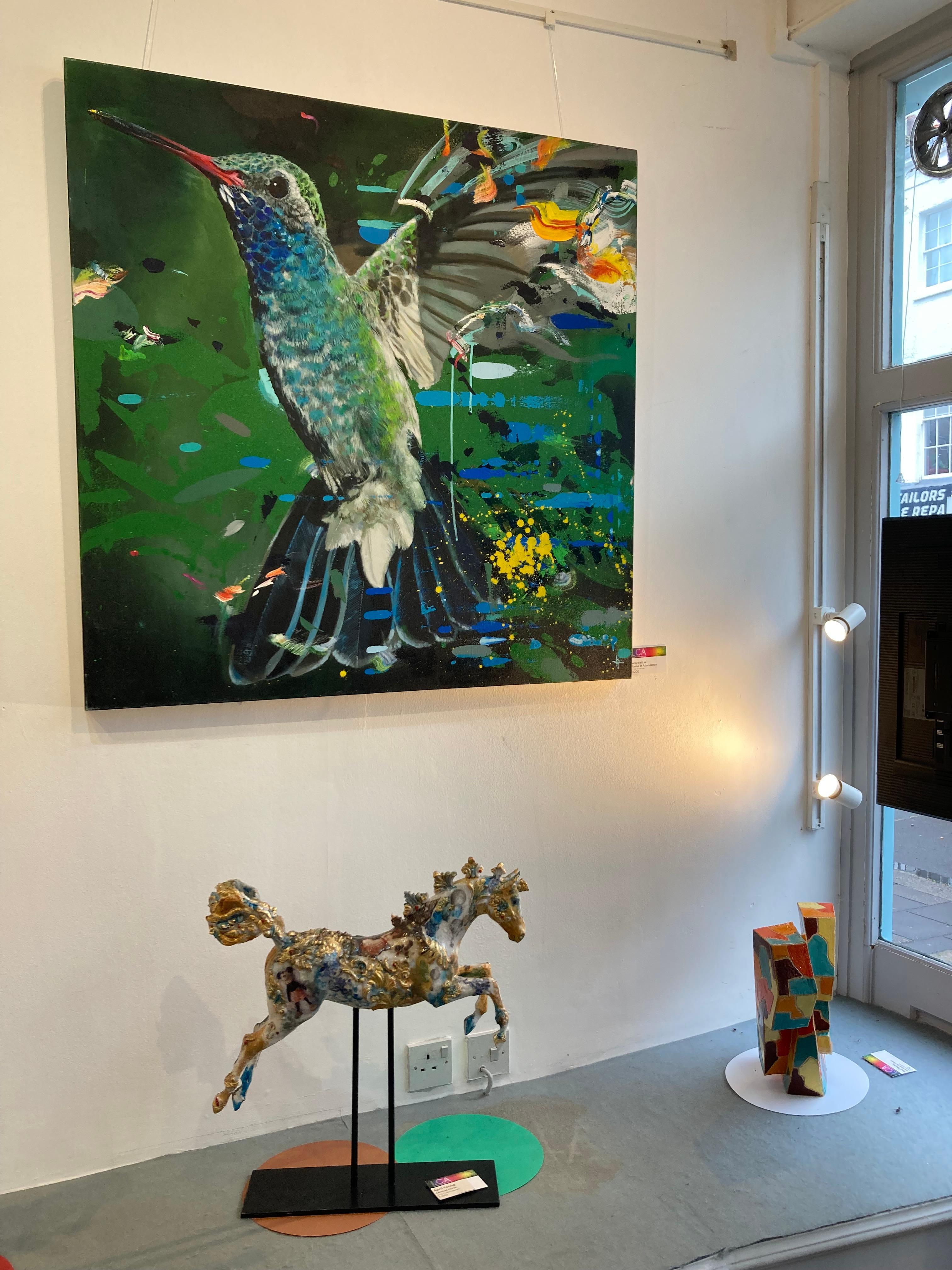 House of Abundance - contemporary multicoloured flying bird expressive acrylic - Black Animal Painting by Keng Wai Lee