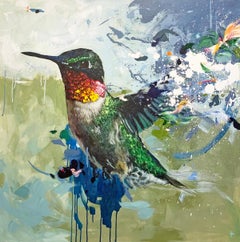 House of Evangelista -contemporary abstract colorful flying hummingbird painting