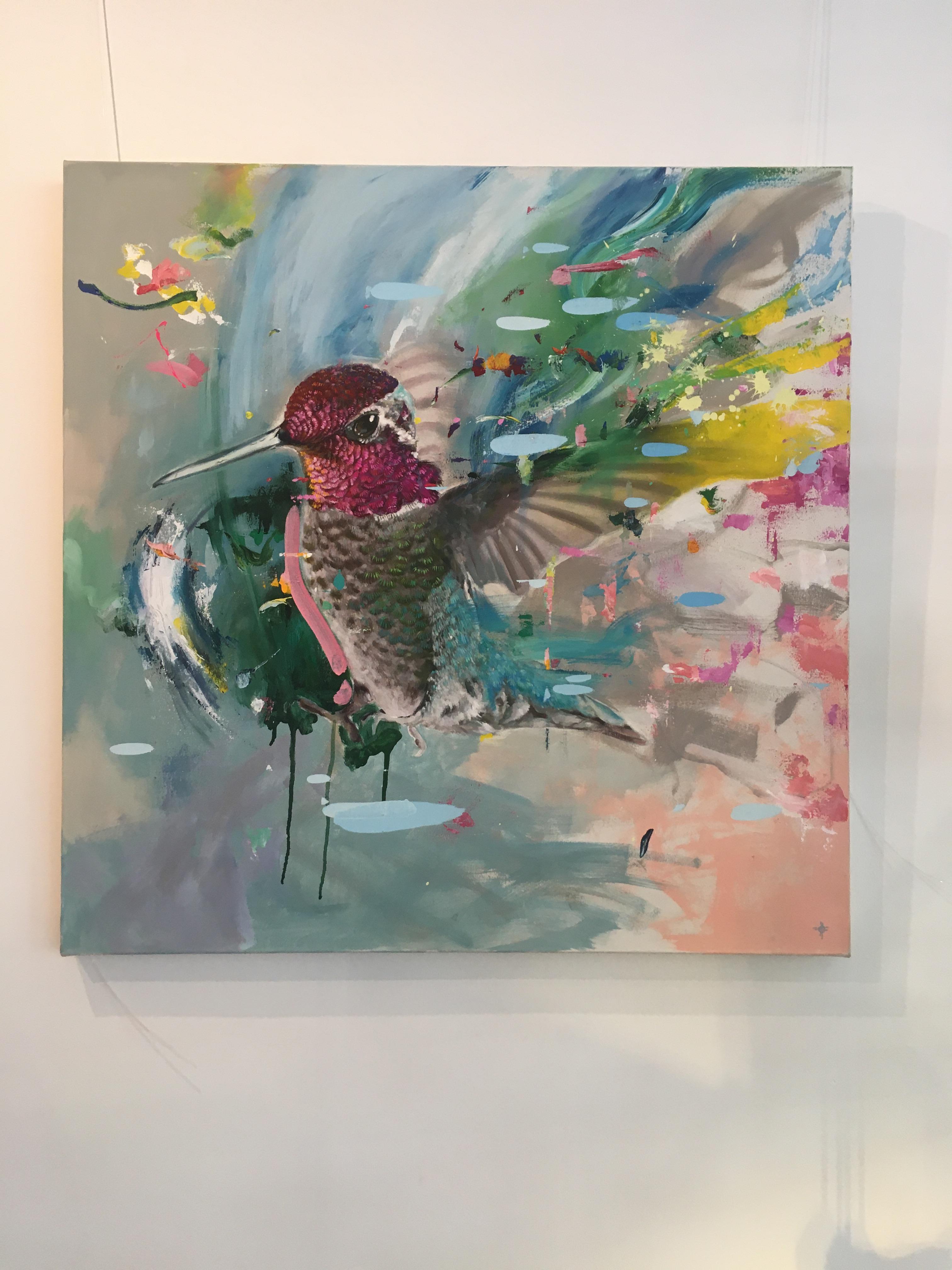 House of Hall - contemporary colourful hummingbird acrylic painting - Painting by Keng Wai Lee