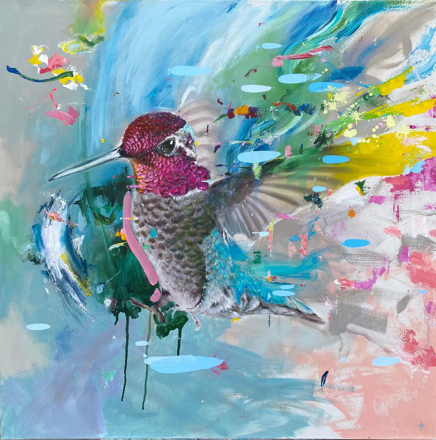 Keng Wai Lee Animal Painting - House of Hall - contemporary colourful hummingbird acrylic painting