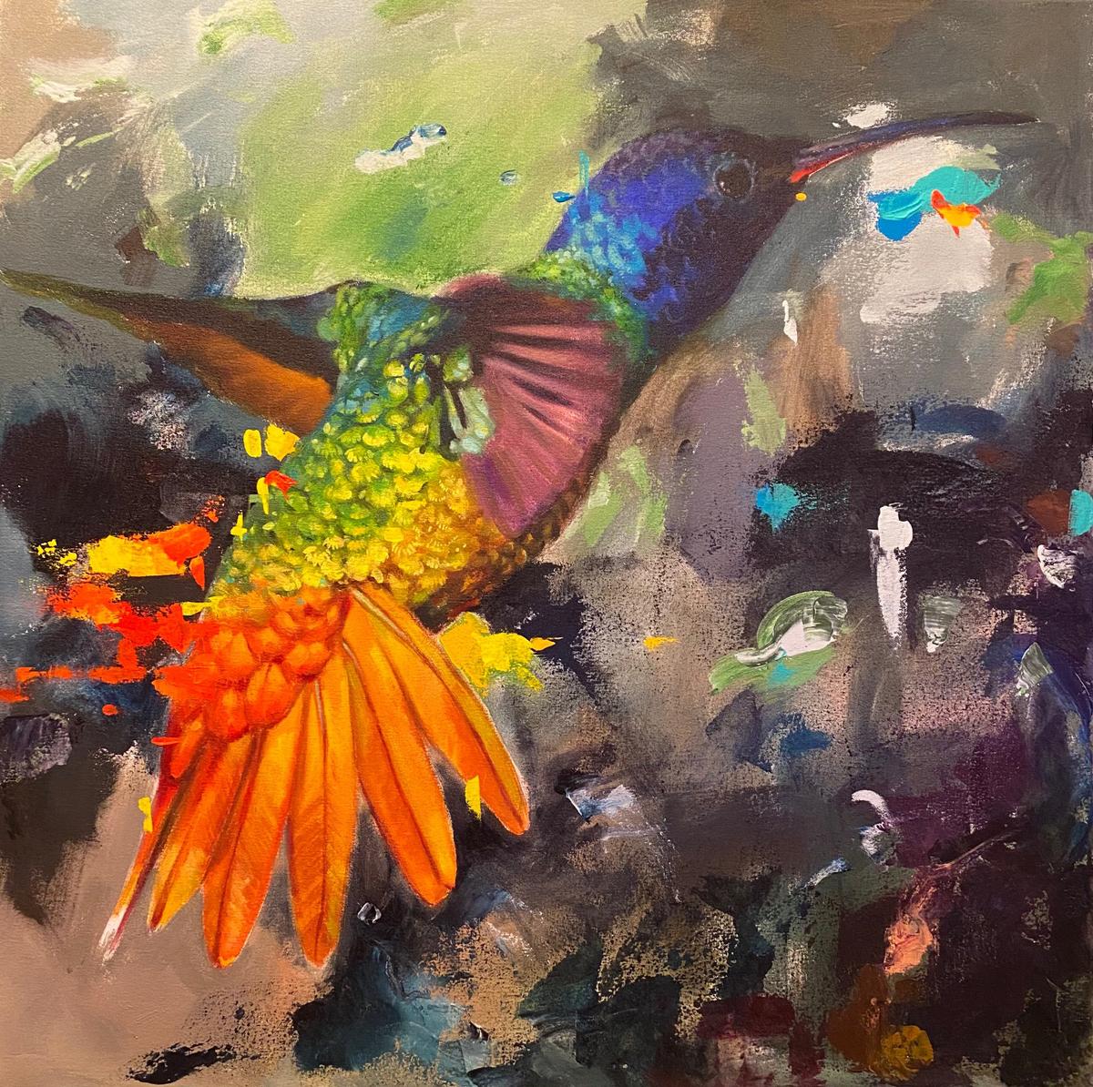 House of Milk - contemporary hummingbird colourful acrylic painting - Painting by Keng Wai Lee
