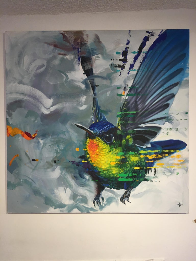 House of Ohara - contemporary flying bird painting expressive colourful bright - Painting by Keng Wai Lee