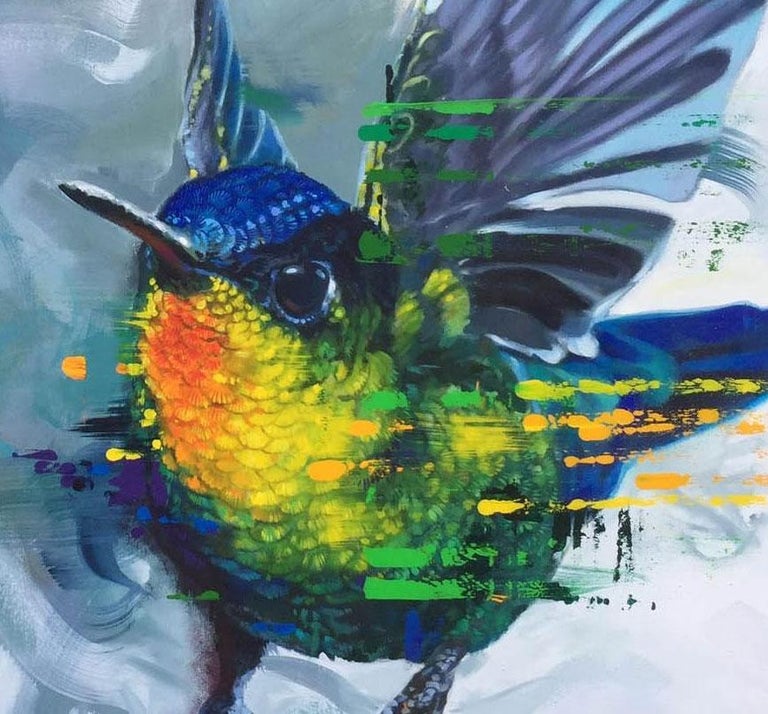 House of Ohara - contemporary flying bird painting expressive colourful bright - Blue Figurative Painting by Keng Wai Lee