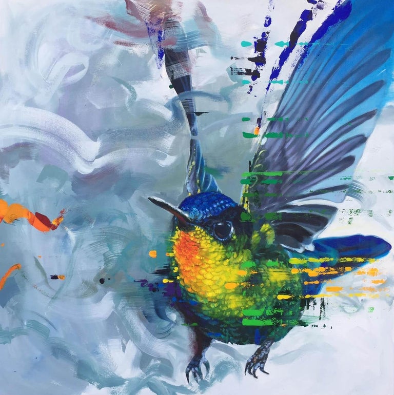 Keng Wai Lee Figurative Painting - House of Ohara - contemporary flying bird painting expressive colourful bright