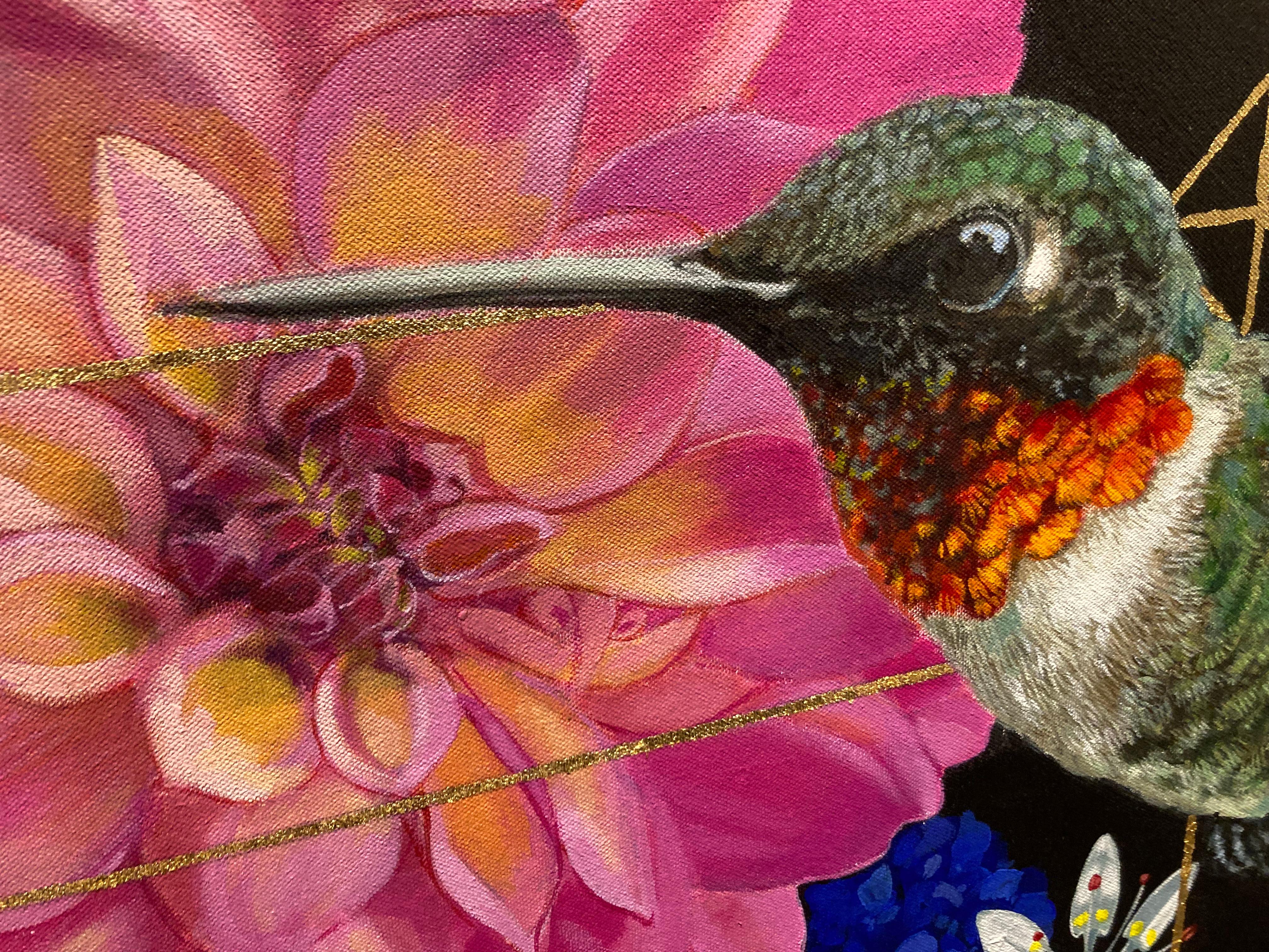 Louise - contemporary mixed media colorful hummingbird flowers framed painting - Contemporary Painting by Keng Wai Lee