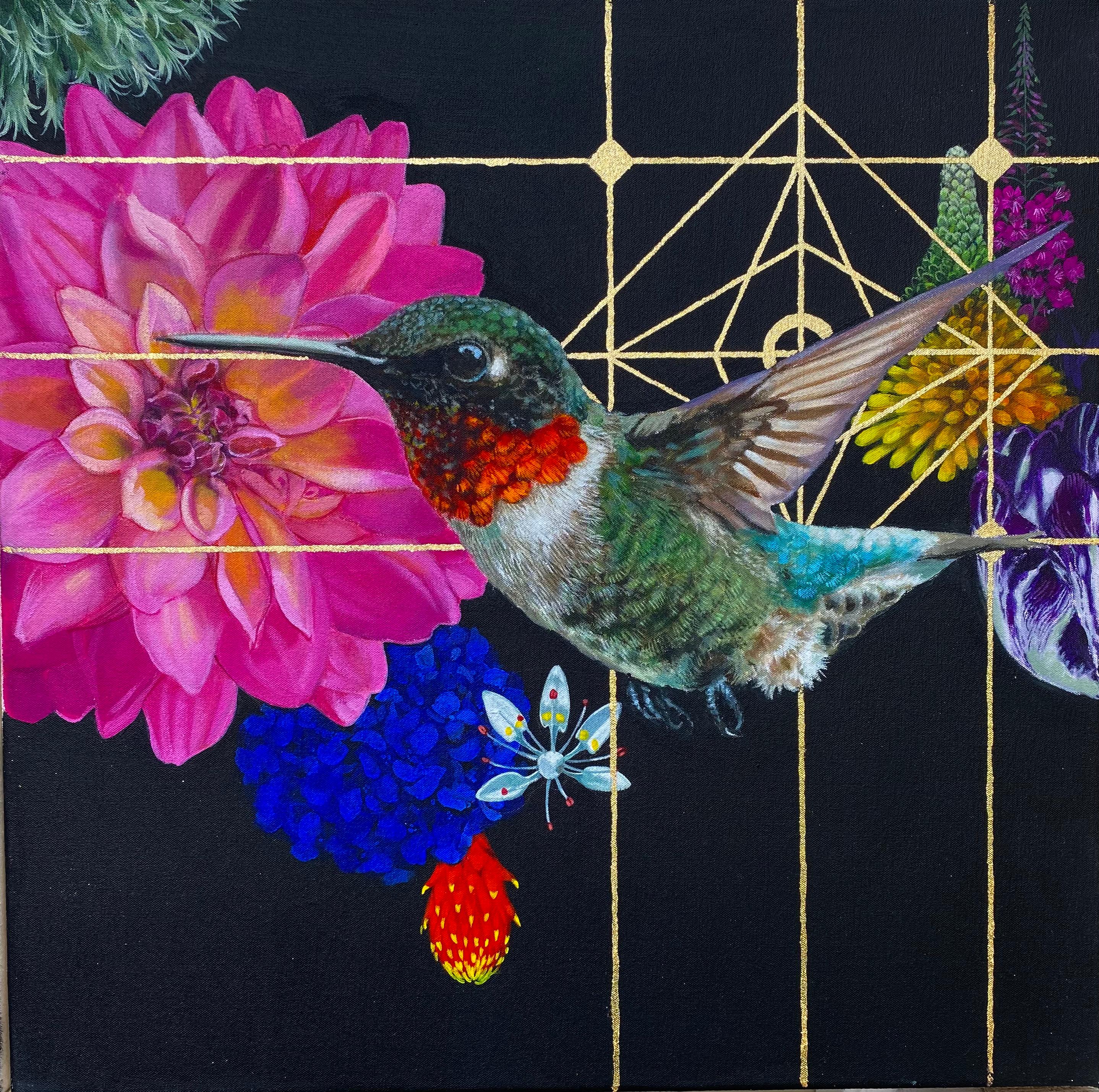 Louise - contemporary mixed media colorful hummingbird flowers framed painting - Painting by Keng Wai Lee