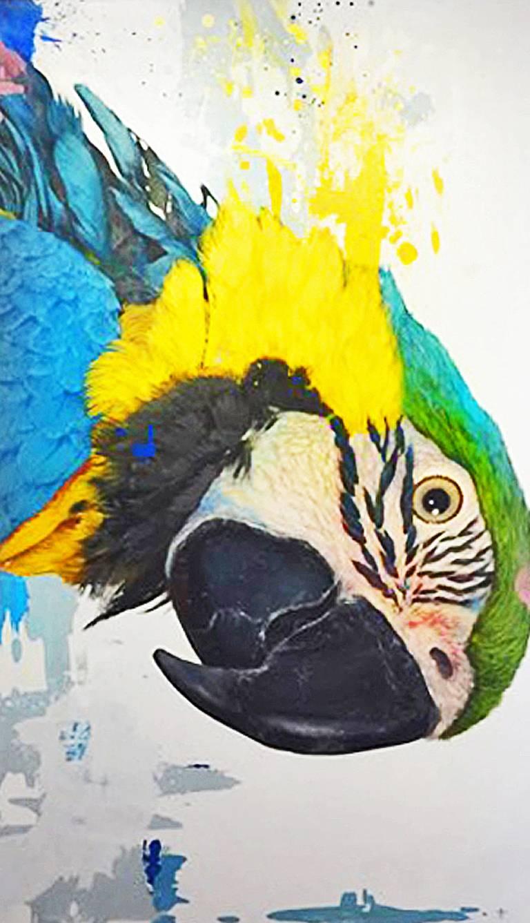 Keng Wai Lee Animal Painting - Louise - vibrant yellow and blue illustrative parrot painting acrylic canvas 