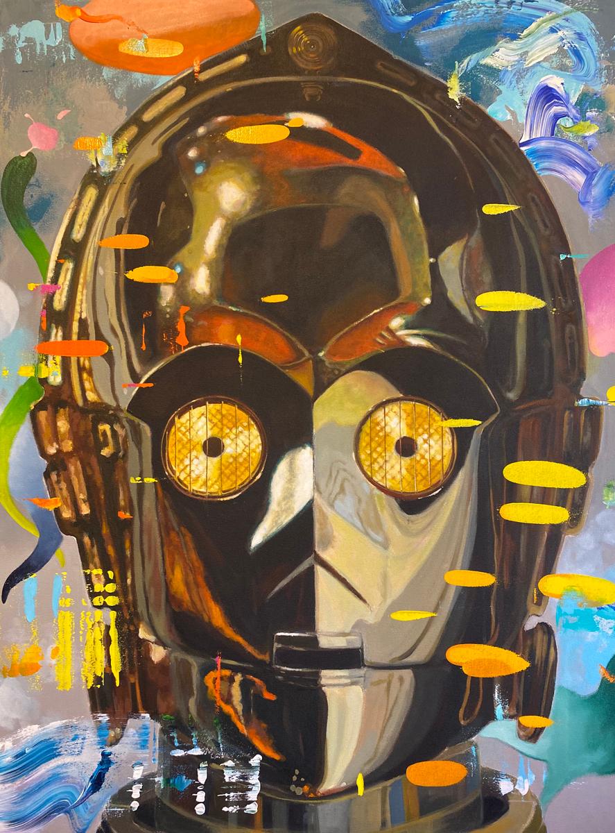 Keng Wai Lee Portrait Painting - Lysergic acid diethylamide C-3PO - contemporary sci-fi Star Wars robot painting