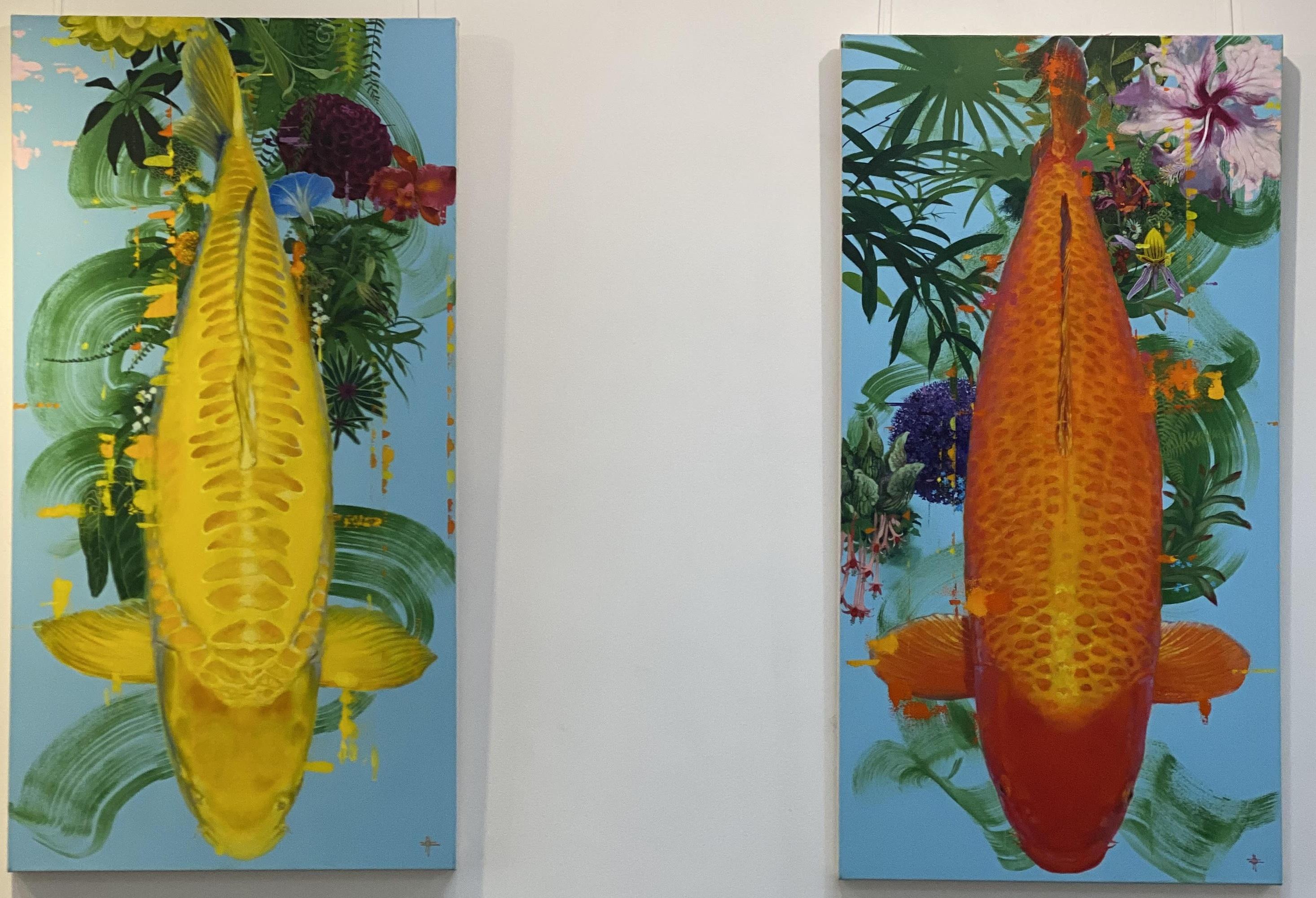 Madara - conemporary decorative orange Koi fish floral acrylic painitng - Contemporary Painting by Keng Wai Lee