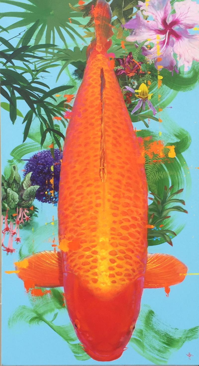 Keng Wai Lee Animal Painting - Madara - conemporary decorative orange Koi fish floral acrylic painitng