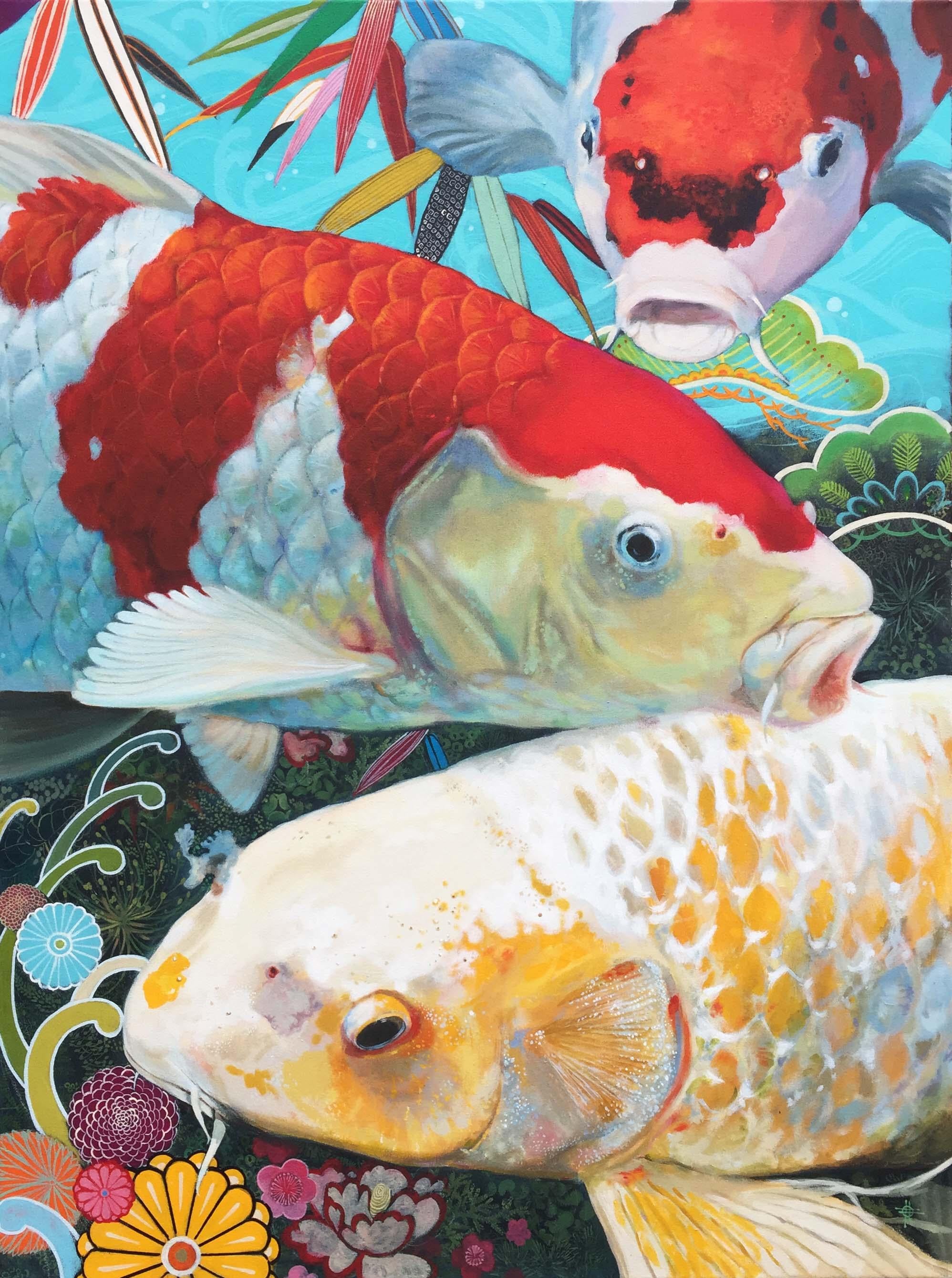 Philharmonia - contemporary colourful decorative acrylic painting fauna koi fish - Painting by Keng Wai Lee
