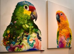 Pulcinella - contemporary colorful green parrot tropical bird acrylic painting