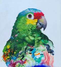 Pulcinella - contemporary colorful green parrot tropical bird acrylic painting