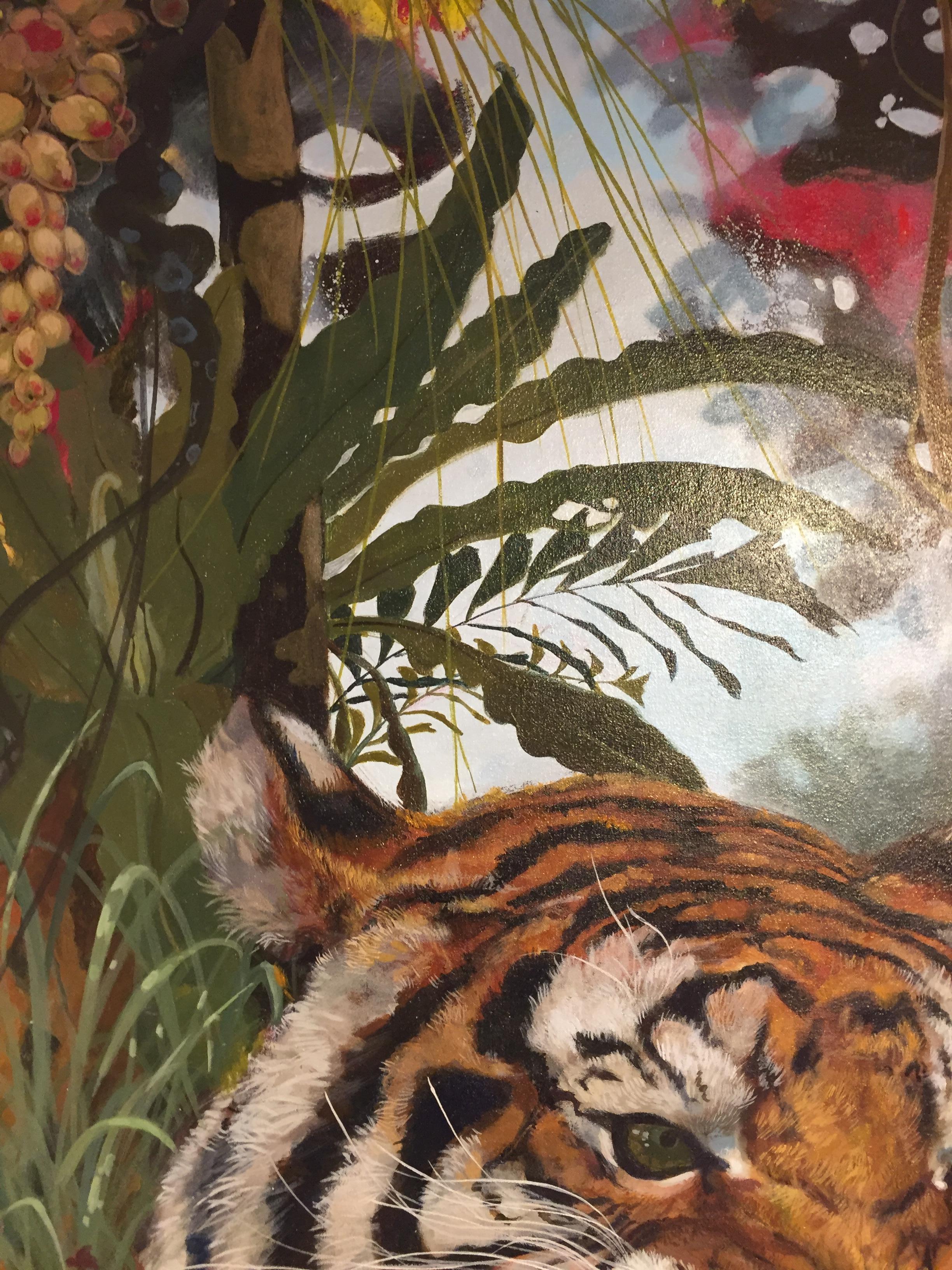 Sandokan - contemporary vibrant colorful tiger flora jungle acrylic painting - Painting by Keng Wai Lee