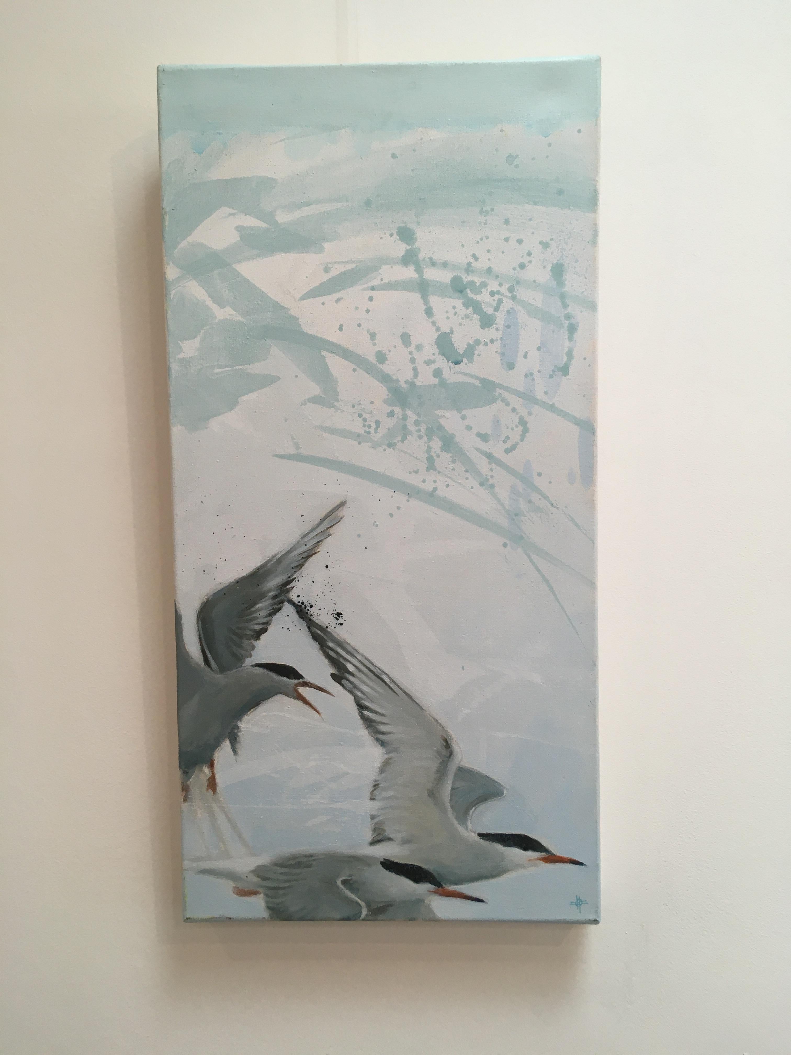 Soar - contemporary flying birds acrylic painting light blue - Painting by Keng Wai Lee