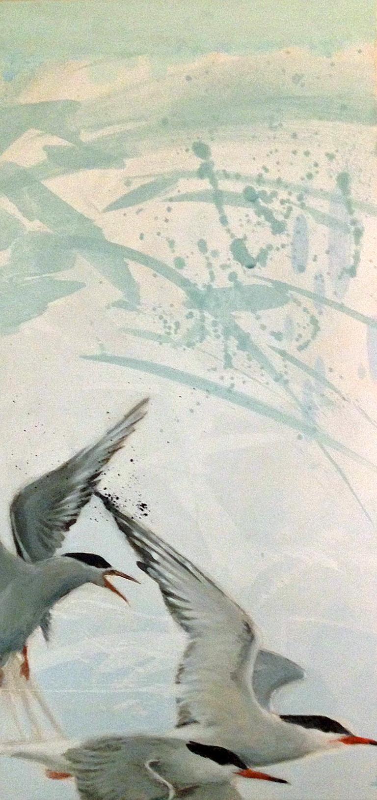 Keng Wai Lee Animal Painting - Soar - contemporary flying birds acrylic painting light blue