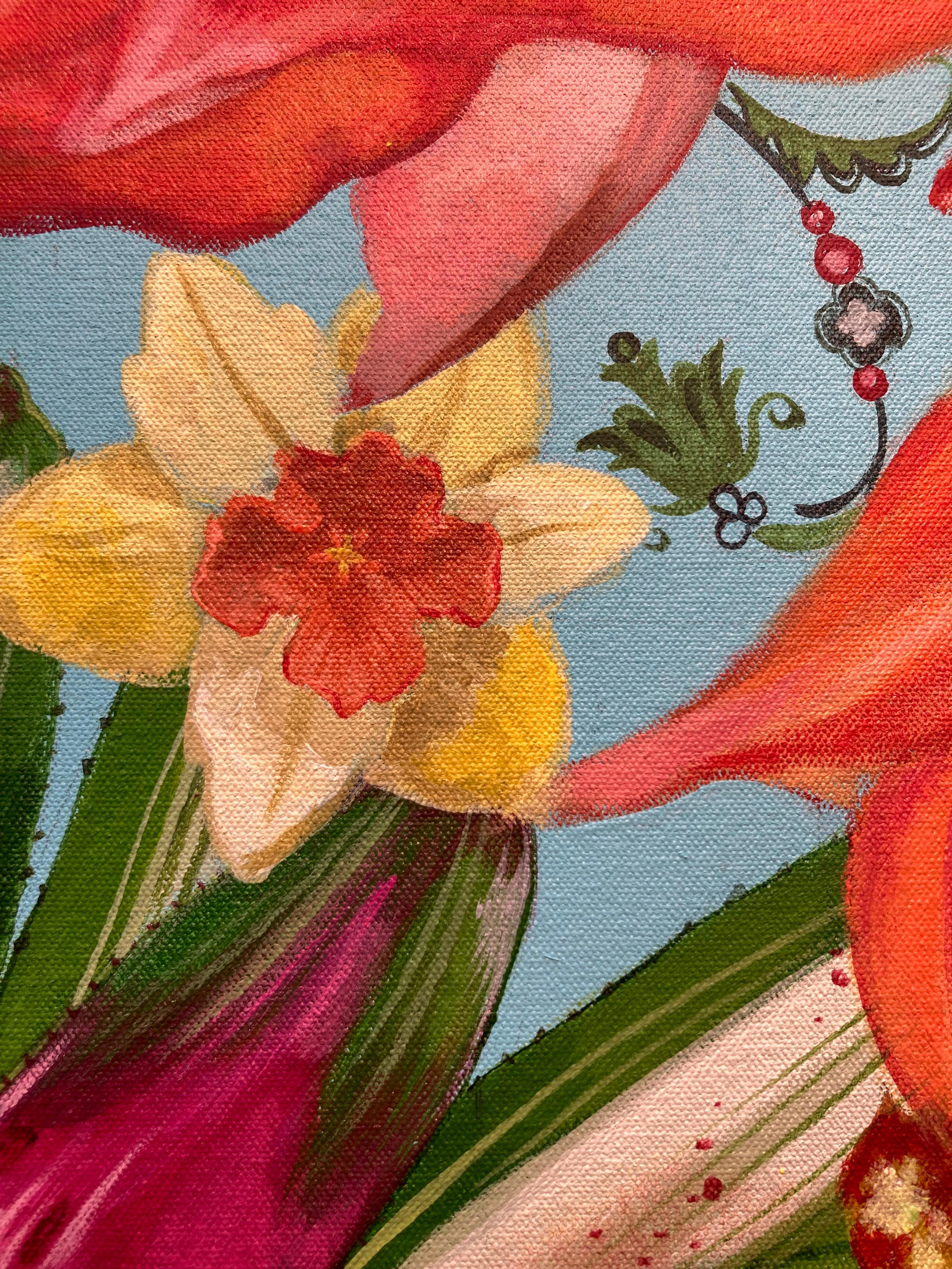 Terre - pintura acrílica contemporánea floral colorida flor tropical de la selva en venta 1