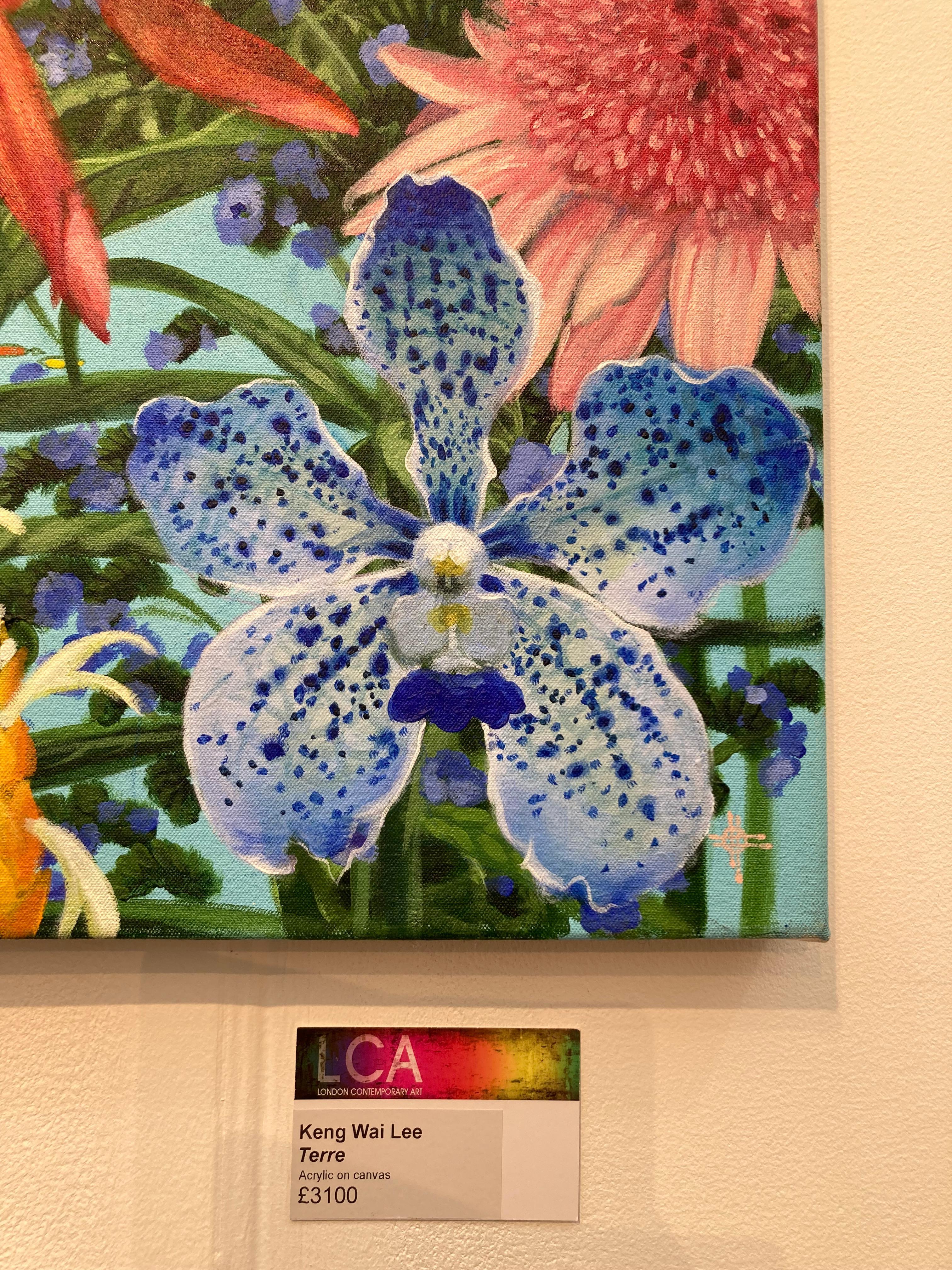 Terre - pintura acrílica contemporánea floral colorida flor tropical de la selva en venta 2